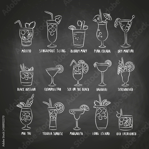Beverage set with the names of the coctails drinks isolated on a chalkboard background doodles hand drawn style outlines. Vector illustration.