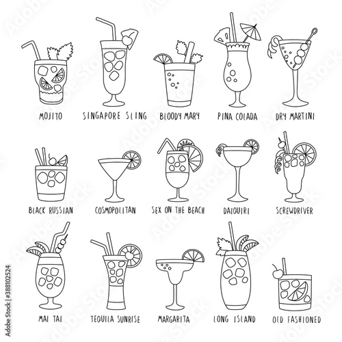 Beverage set with the names of the coctails drinks isolated on a white background, doodles, hand drawn style. Vector illustration.
