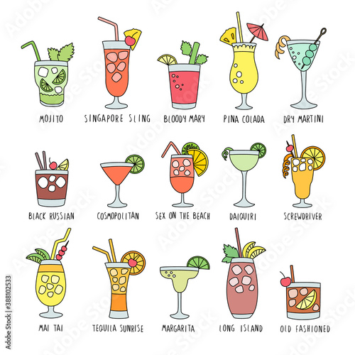Colorful drinks set with the names of the coctails, isolated on white background, doodles, hand drawn style. Vector illustration.