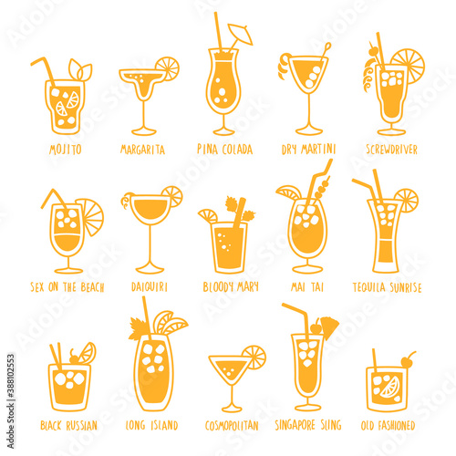 Beverages drinks silhouettes set with the names of the coctails, isolated on white background, doodles, hand drawn style. Vector illustration.