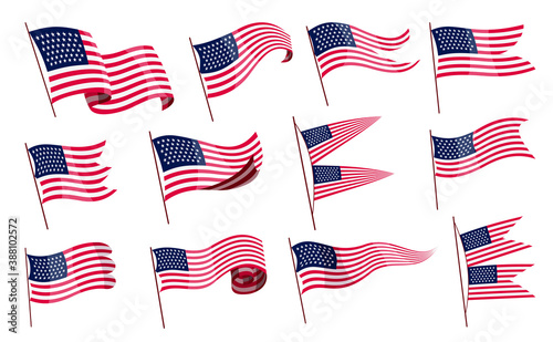 Waving flags. Set of american flags on white background. National flags waving symbols. Banner design elements