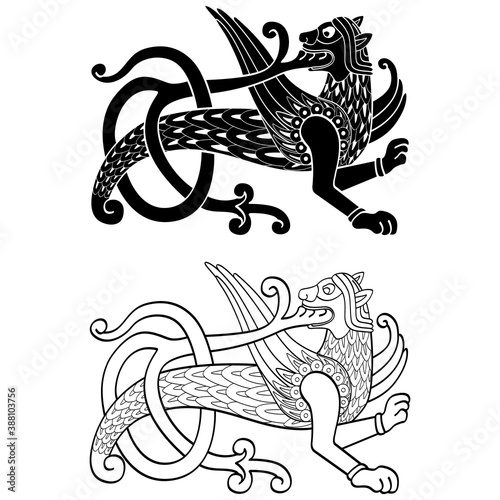 vector monochrome icon with ancient Slavic symbol Simargl or Chernihiv Beast for your project 