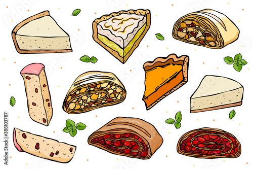 A set of slices of pies with various fillings. Easter cake, strudel, cheesecake, pumpkin pie, lemon pie. Doodle style.