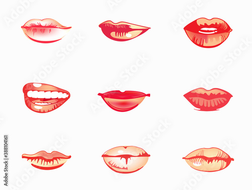Woman's lip set. Girl mouths close up with red lipstick makeup.