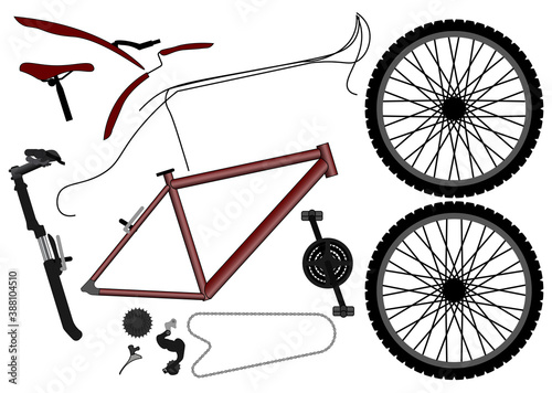 Bicycle icons set. Bike parts. Disassembled bike. Bike structure