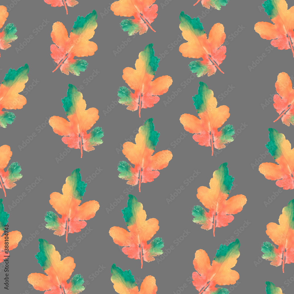 Leaves orange green watercolor, seamless pattern, postcard, grey background,  textile, wallpaper