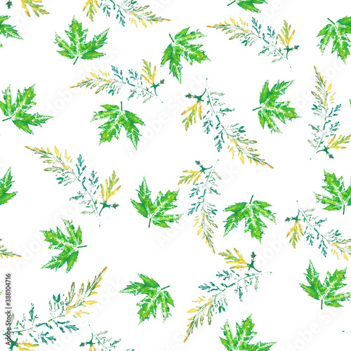 Set leaves green yellow watercolor  branches  seamless pattern  postcard  white background  textile  wallpaper