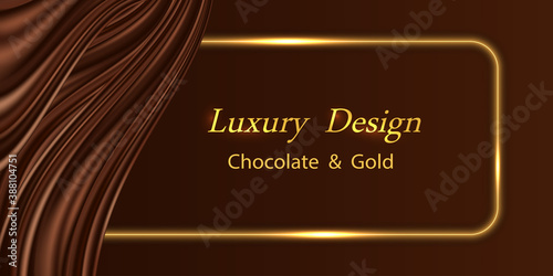 Luxury background with chocolate wavy silk curtain and golden glowing border lines. Dark brown chocolate satin texture, shiny gold frame. Backdrop for banner or poster. Vector illustration