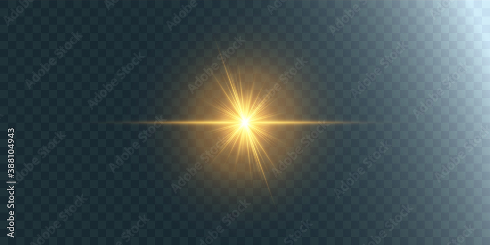 Yellow glowing light burst explosion with transparent. Vector illustration for cool effect decoration with ray sparkles. Bright star. Transparent shine gradient glitter, bright flare. Glare texture.	