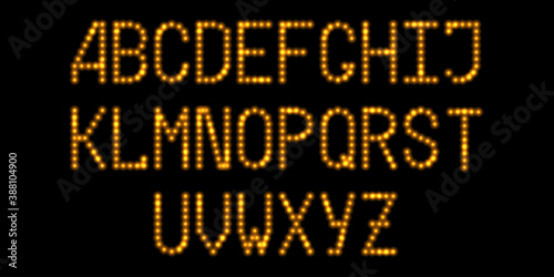 LED  font with gold glowing light effect. Luminous dotted letters, alphabet with shine flare. Vector illustration