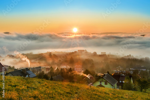 sunrise, town in the fog, beautiful landscape