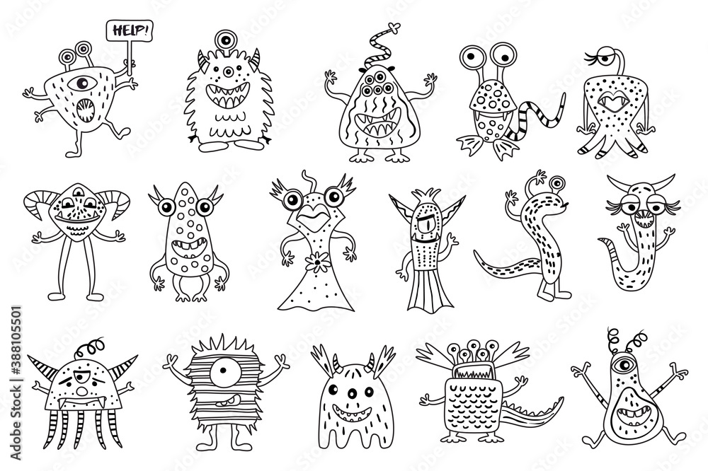Cute hand drawn monster set, isolated on white background, cartoon ...