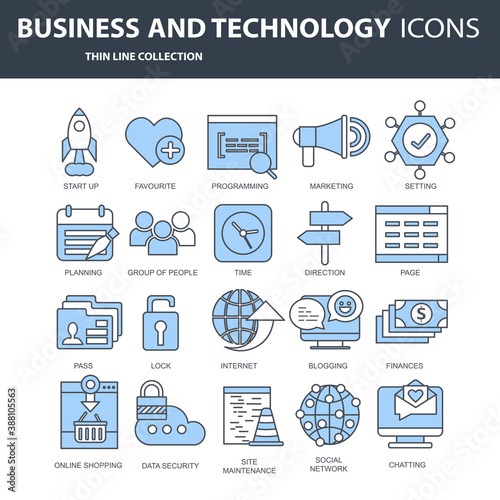 Set vector icons with elements for mobile concepts and web apps. Business and marketing, programming, data management, internet connection, social network, computing, information. Vector	
