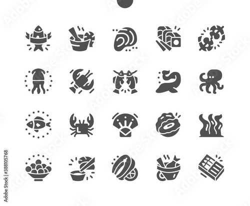 Seafood shrimps prawns squid mussels spotted babylon shellfish crab. Fresh fish. Menu for restaurant and cafe. Vector Solid Icons. Simple Pictogram