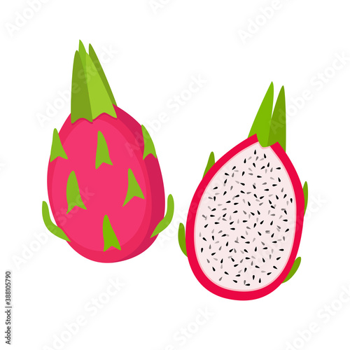 Dragon fruit, whole and half, vector illustration