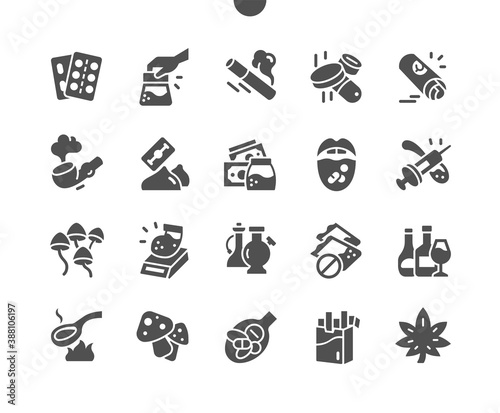 Drugs. Drugs abuse. Syringe for injection. Social disaster. Fight drugs. Cocaine or other illegal drugs, white powder, syringe. International drug abuse day. Vector Solid Icons. Simple Pictogram