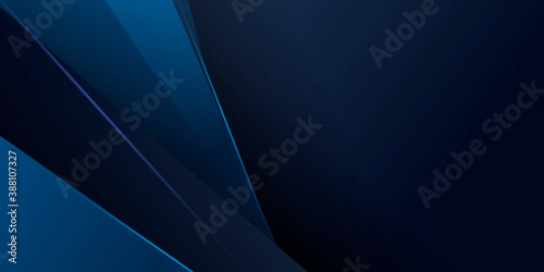 Dark navy blue abstract presentation background with geometric 3D triangles and light leaks