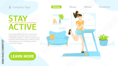 Sport Landing Page Layout. Online Personal Trainer and Fitness Coach. Indoor Physical Activity. Fitness Website Homepage. Design for banner, flyer or brochure. Cartoon Flat Vector Illustration.