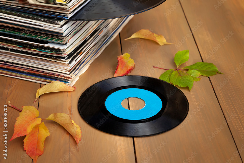Fototapeta premium Collection of old vinyl records in a stack with autumn leaves.