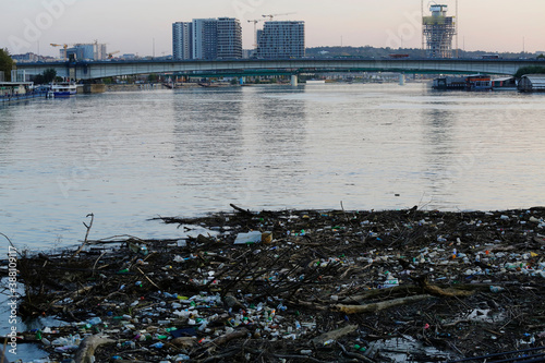 Garbage are seen on a bank of the Sava river, a urban waterway crossing the city of Belgrade, Serbia.