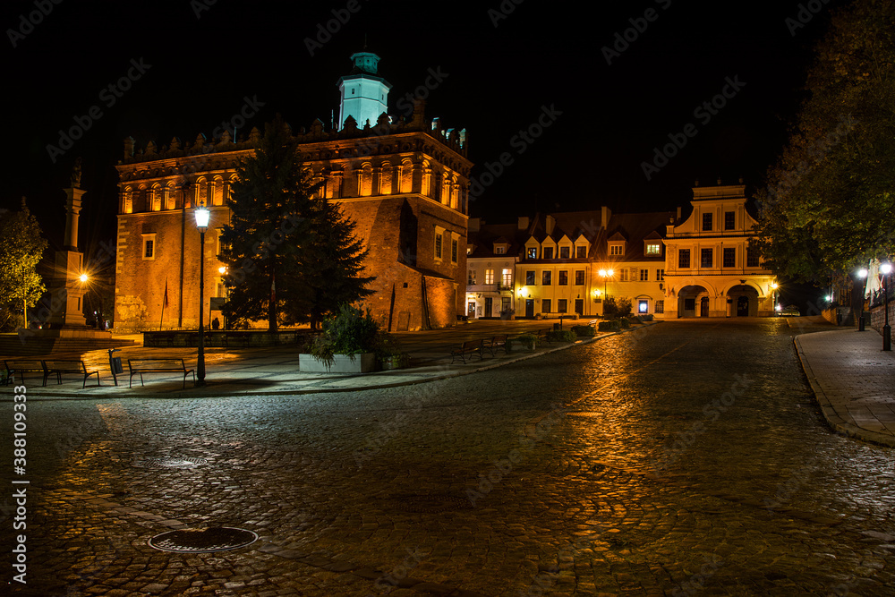 town hall at night, the old town of Sandomierz in Poland