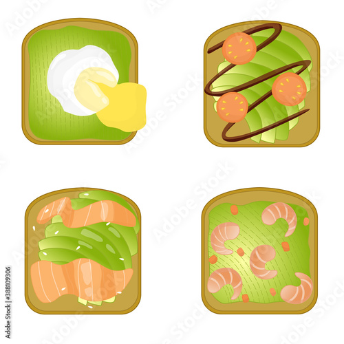 Set of avocado toasts. Healthy breakfast