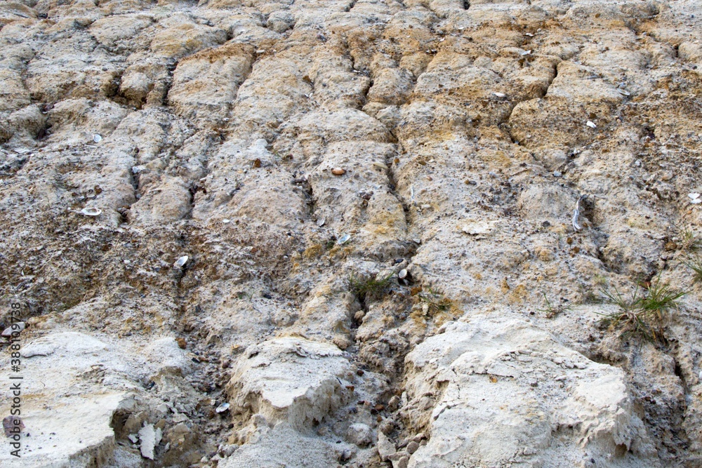 sandy coast after the descent of water with soil erosion