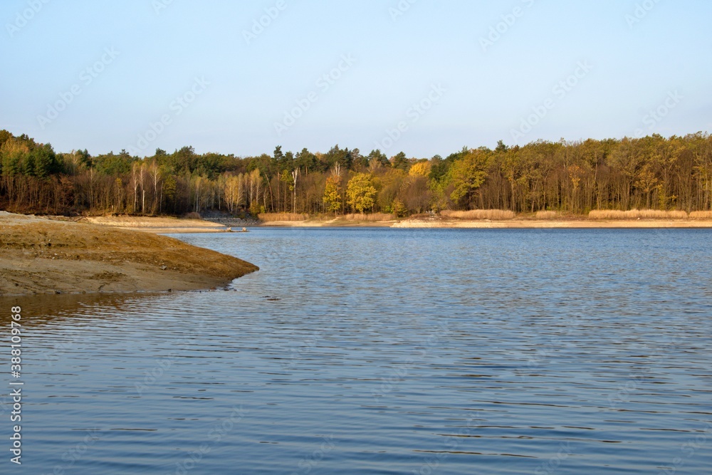 scenic lake in autumn with sandy shoals and yellow green forest