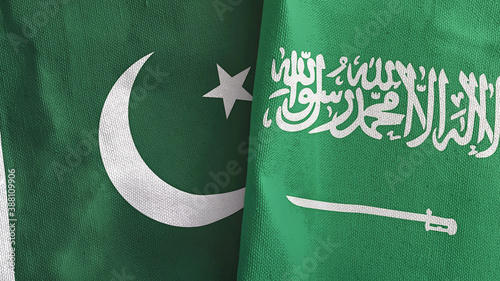 Saudi Arabia and Pakistan two flags textile cloth 3D rendering