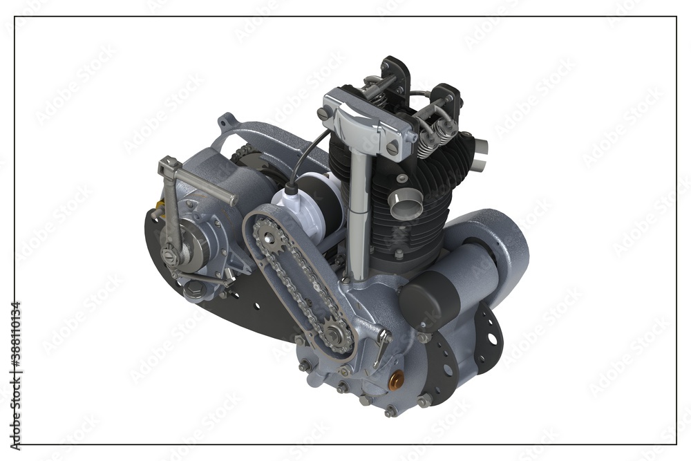 3D design of a motorcycle engine with exploded view. 3D design of a motorcycle engine with exploded view.