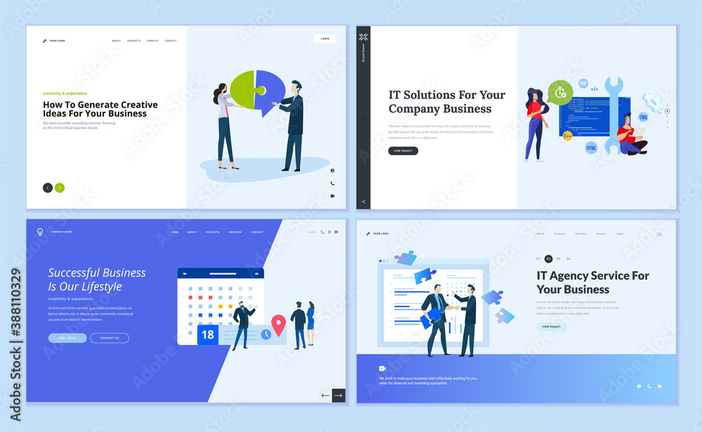 Set of website template designs of IT solutions, consulting, startup, business apps. Vector illustration concepts for website and mobile website development. 