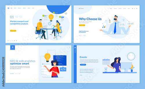 Set of website template designs of SEO, web analytics, market research, business consulting, events. Vector illustration concepts for website and mobile website development. 