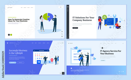 Set of website template designs of IT solutions, consulting, startup, business apps. Vector illustration concepts for website and mobile website development. 