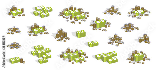 Cash money dollar stacks and coin piles 3D vector illustrations set isolated on white background.