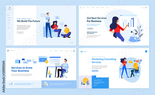 Set of website template designs of e-commerce, marketing consulting, e-business, startup. Vector illustration concepts for website and mobile website development. 