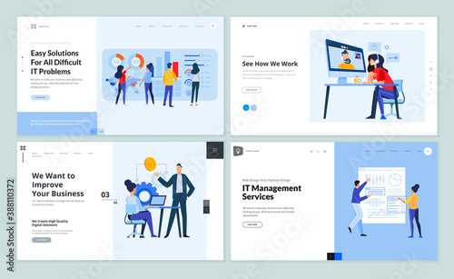 Set of website template designs of IT management, video call, business strategy, business analysis and services. Vector illustration concepts for website and mobile website development. 