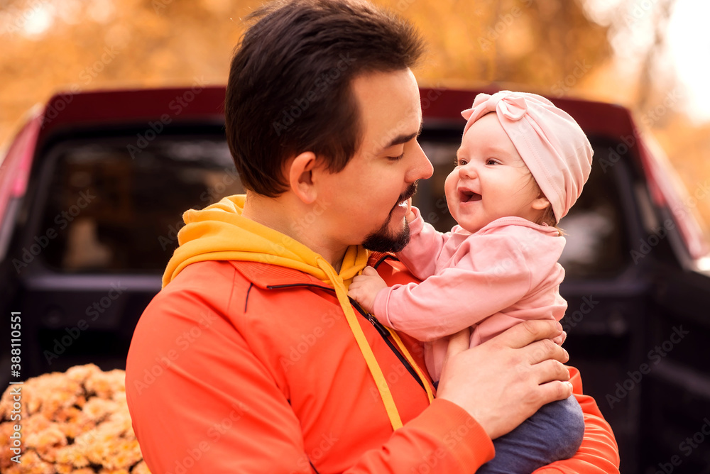 Fototapeta premium Father holding in arms infant daughter at autumn park, farm or trade fair. Pickup truck bed with load of flowers in background. Dad and little child spending autumn family weekend together outdoors