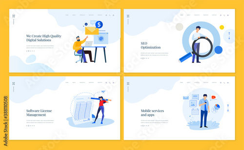 Set of website template designs of social network, internet marketing, SEO, mobile services and apps, software license manage. Vector illustration concepts for website and mobile website development. 