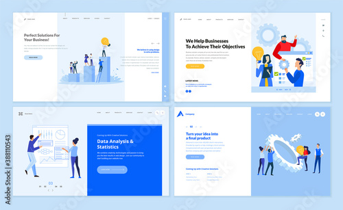 Set of website template designs of business success, project management, big data analysis, startup, teamwork. Vector illustration concepts for website and mobile website development. 