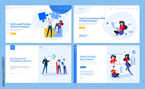 Set of website template designs of IT and business solution, consulting, video call app, work online, customer relations mana. Vector illustration concepts for website and mobile website development. 