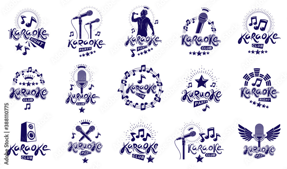 Fototapeta premium Karaoke logos and emblems vector set, microphones and musical notes singing party or club compositions isolated collection, music entertainment nightlife weekend holidays or birthday theme.