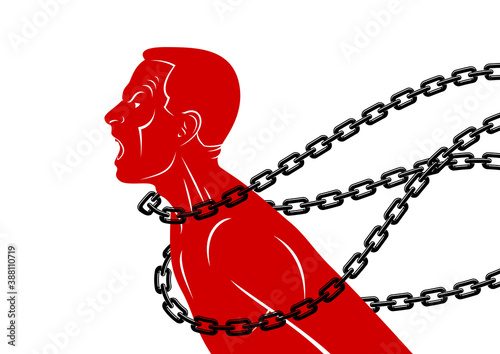 Shouting and screaming man trying to break the chain struggling for freedom, fight and liberate concept, liberty and human rights vector conceptual illustration.