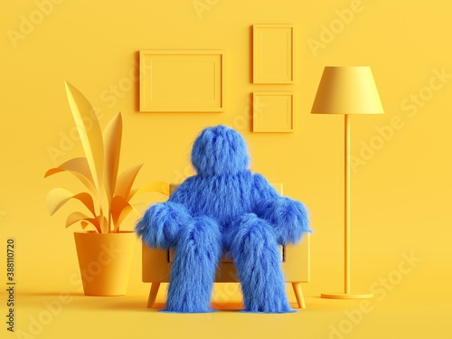 Foto 3d render, hairy yeti toy, blue cartoon character monster sits in an armchair inside modern minimal yellow living room