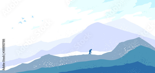 Beautiful scenic nature landscape with traveler pilgrim vector illustration winter season with grasslands meadows hills and mountains, snow and cold hiking traveling trip to the countryside concept. photo