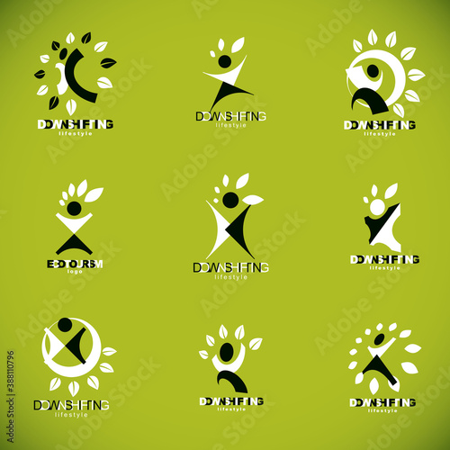 Vector graphic emblems collection, excited abstract person with raised hands up. Wanderlust and countryside vacation idea logotype.