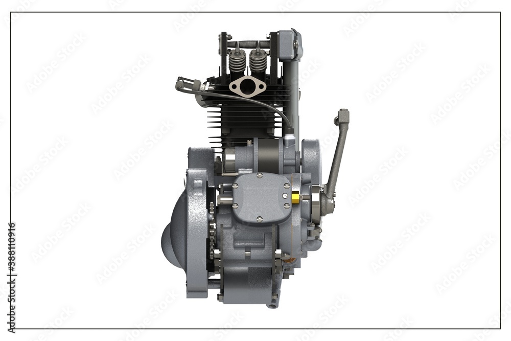 3D design of a motorcycle engine with exploded view. 3D design of a motorcycle engine with exploded view.