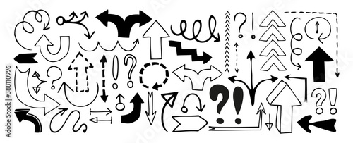 Doodle arrows, exclamation signs and question marks