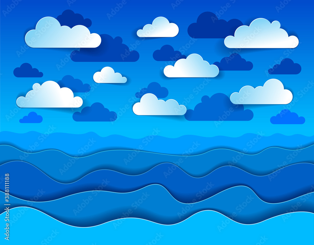 Beautiful seascape in paper cut style, curvy lines of waves and clouds in the sky, perfect modern vector illustration. Beautiful seascape in paper cut style, curvy lines of waves and clouds in the sky, perfect modern vector illustration.