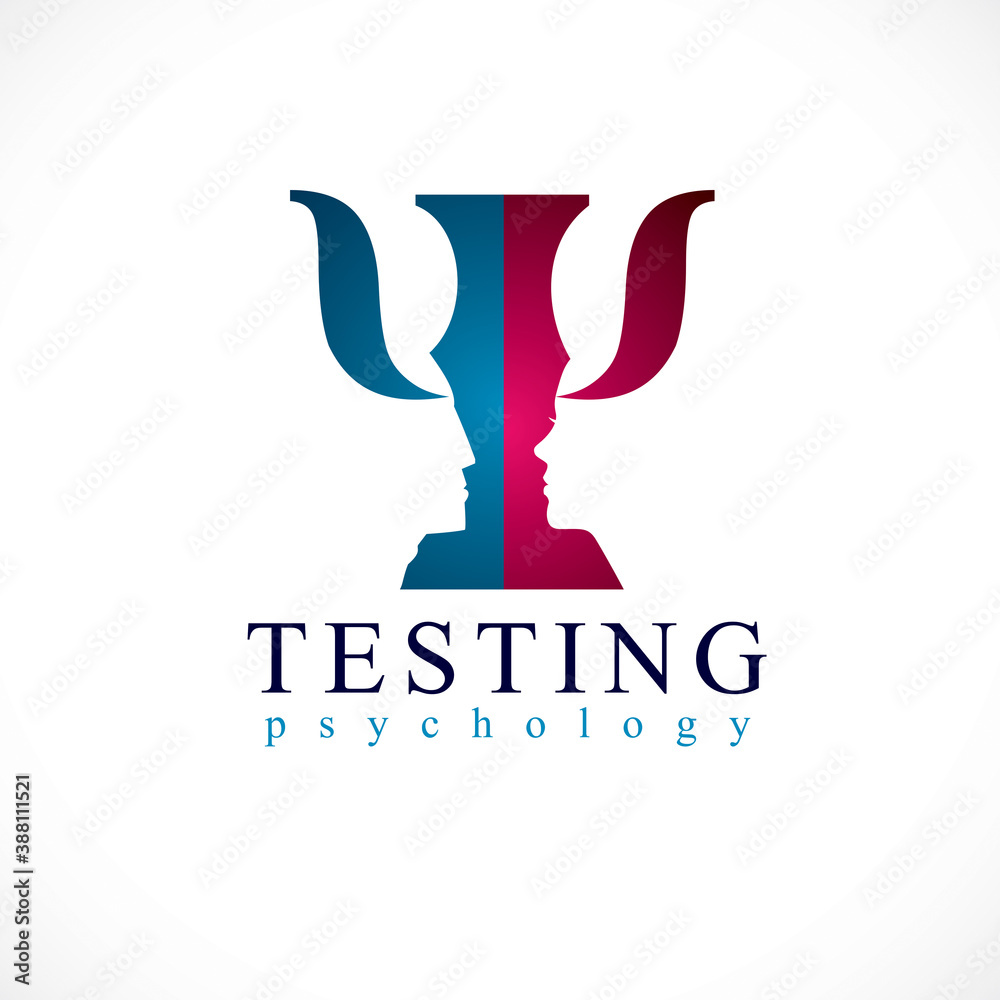 Psychology conceptual logo or icon created with man and woman face profiles in a shape of Greek Psi symbol, vector design. Psychology conceptual logo or icon created with man and woman face profiles in a shape of Greek Psi symbol, vector design.