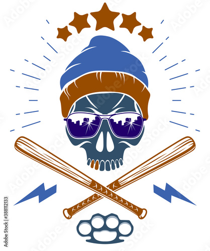 Brutal gangster emblem or logo with aggressive skull baseball bats design elements, vector anarchy crime or terrorism retro style, ghetto revolutionary.
